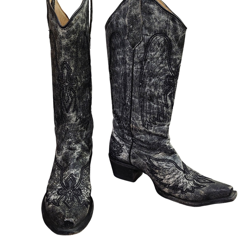Circle G Western Boots Women's Size 6 Black Grey Angel Wing Cross Embroidered
